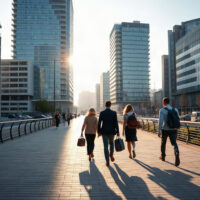 People walking to work in Oslo on a sunny August morning, with modern office buildings in the background