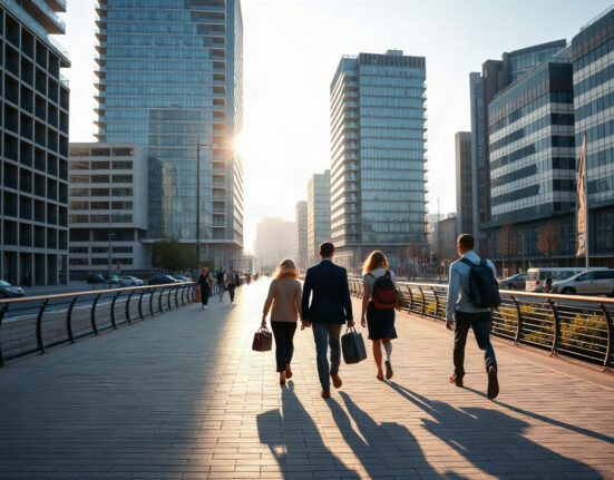 People walking to work in Oslo on a sunny August morning, with modern office buildings in the background