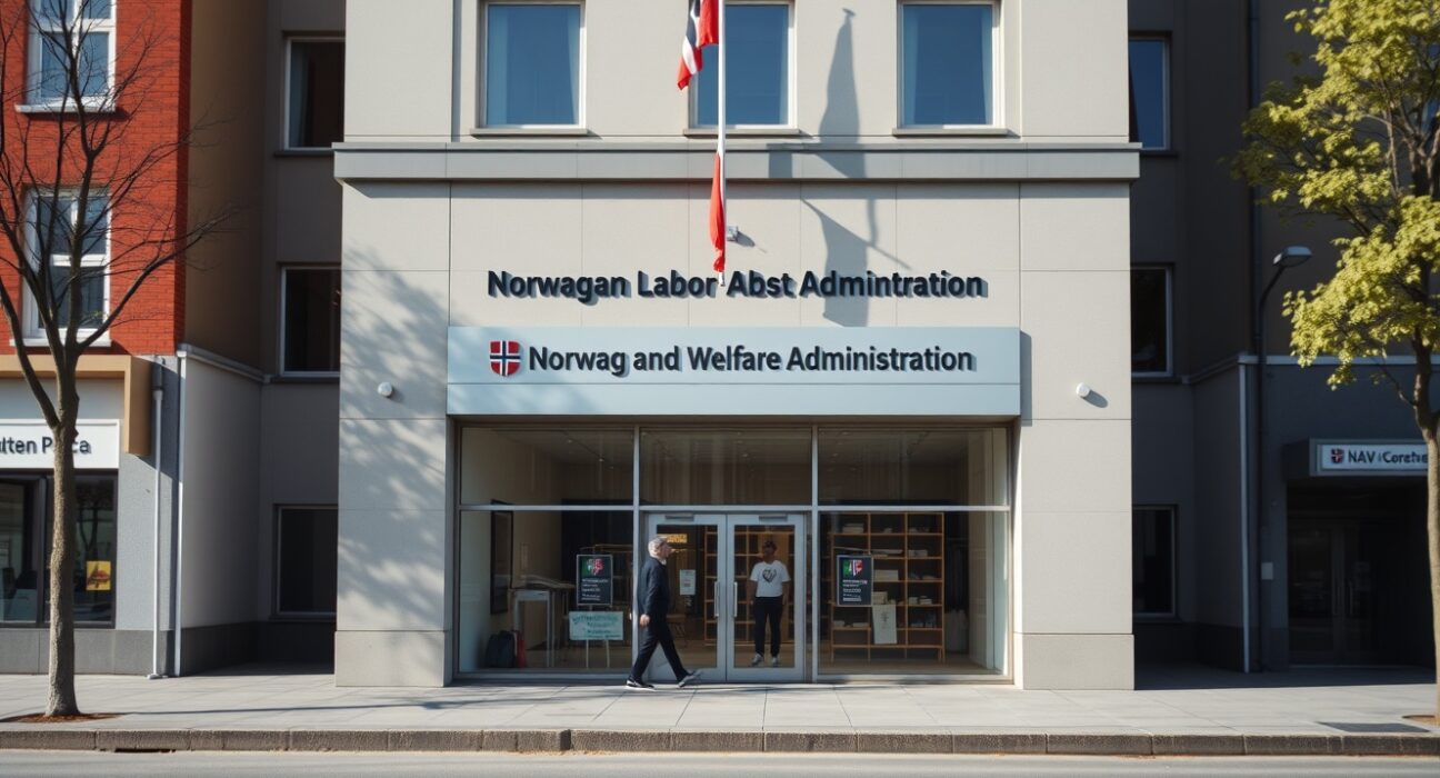 Professional woman walking in Oslo business district, representing Norway's steady labor market