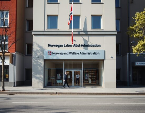 Professional woman walking in Oslo business district, representing Norway's steady labor market