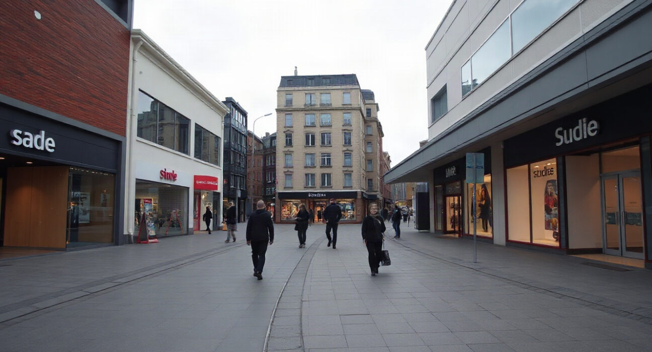 Empty shopping street in Oslo, Norway, reflecting subdued retail activity