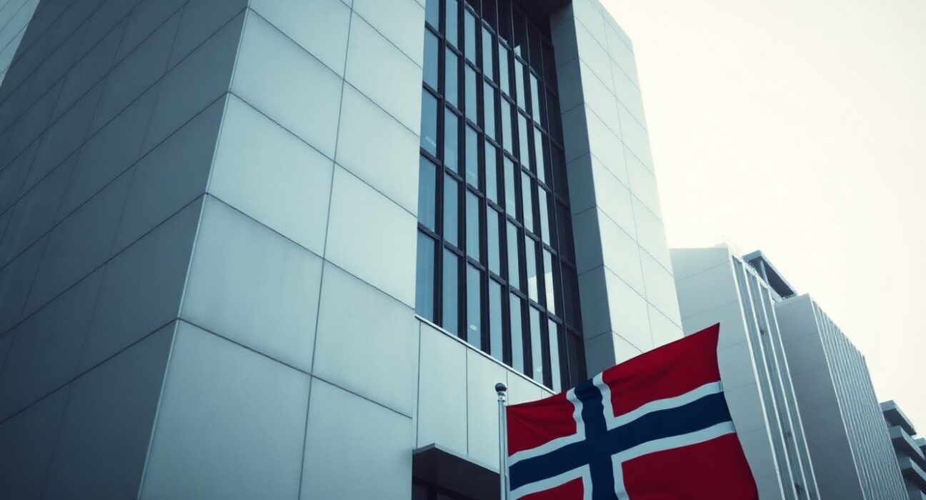 Modern office building in Oslo, Norway, with Norwegian flag, symbolizing sovereign wealth fund investments.
