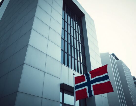 Modern office building in Oslo, Norway, with Norwegian flag, symbolizing sovereign wealth fund investments.