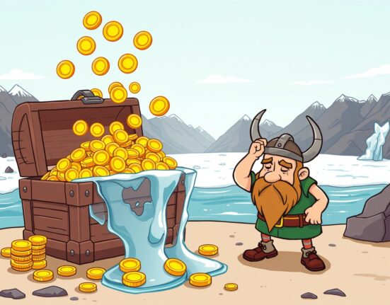 Norway sovereign wealth fund suffering major cryptocurrency investment losses in cartoon style