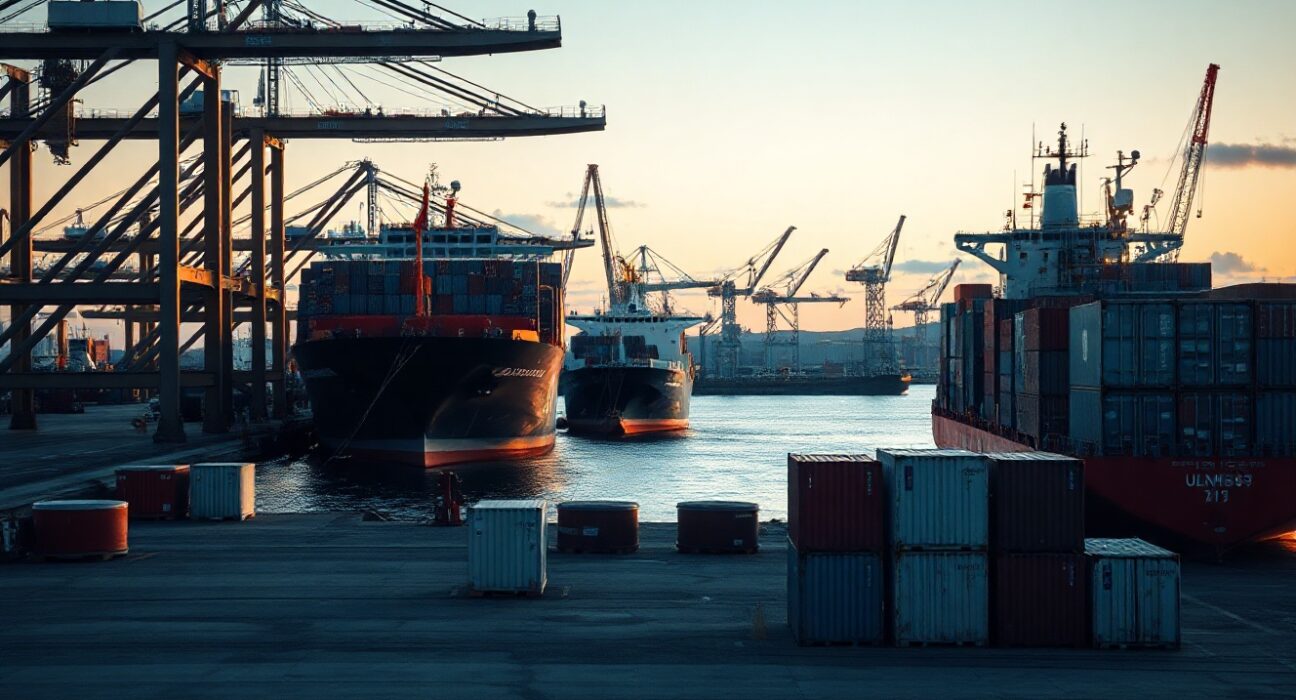 Cargo ships and oil infrastructure at a Norwegian port at dusk, symbolizing strong export activity.