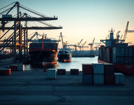 Cargo ships and oil infrastructure at a Norwegian port at dusk, symbolizing strong export activity.
