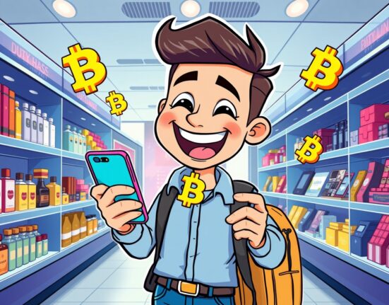 A traveler using Bitcoin payments at a vibrant airport duty-free shop, symbolizing crypto adoption in travel retail.