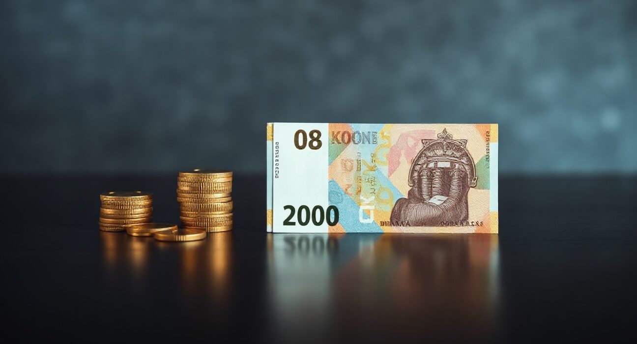 Norwegian Krone banknotes and coins on a dark surface, representing currency market analysis.