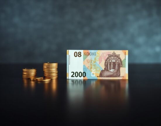 Norwegian Krone banknotes and coins on a dark surface, representing currency market analysis.