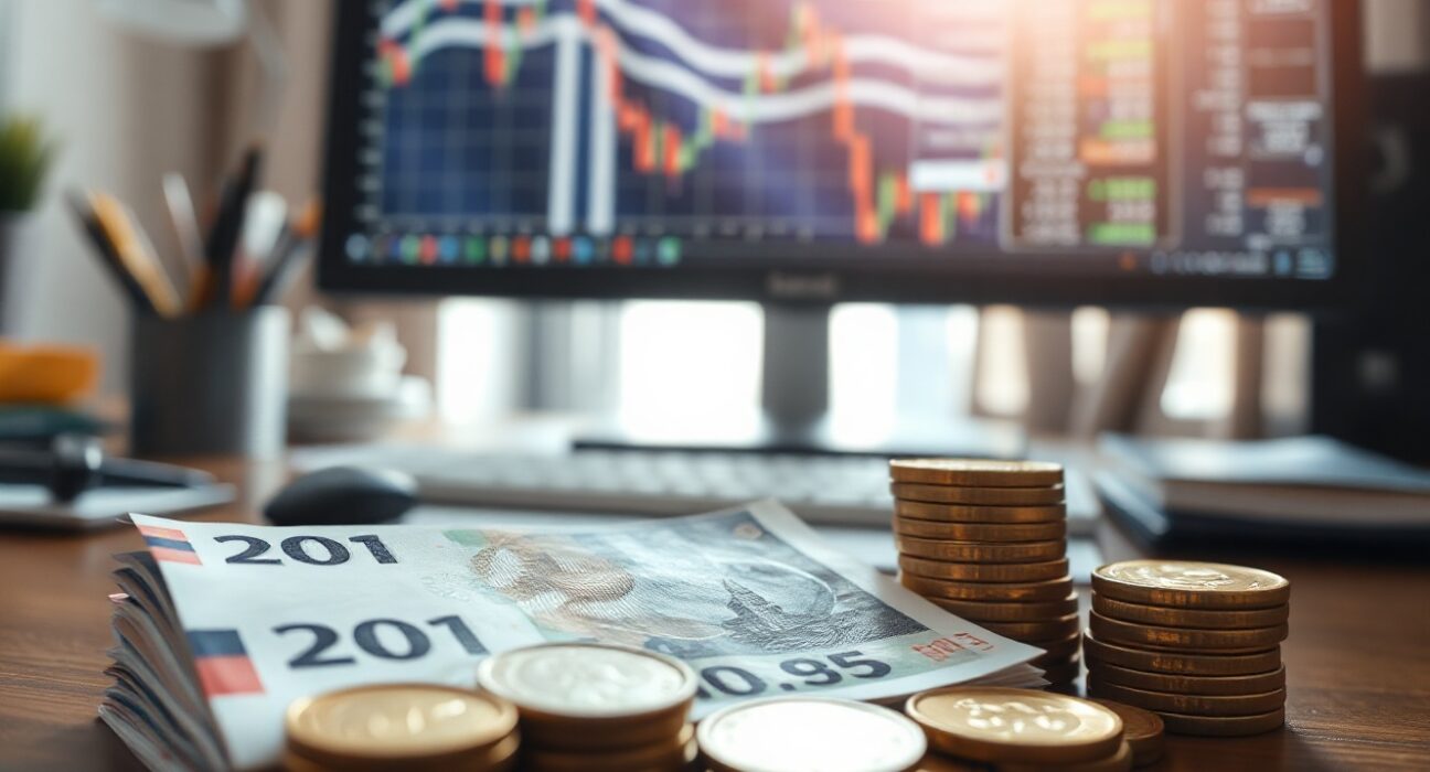 Norwegian Krone banknotes and coins with currency charts on a desk, symbolizing NOK market analysis.