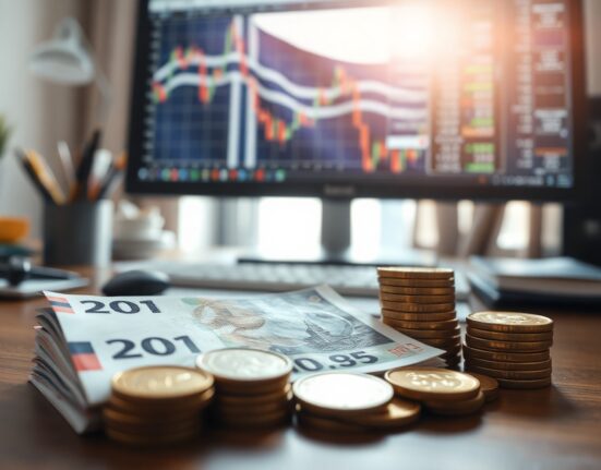 Norwegian Krone banknotes and coins with currency charts on a desk, symbolizing NOK market analysis.