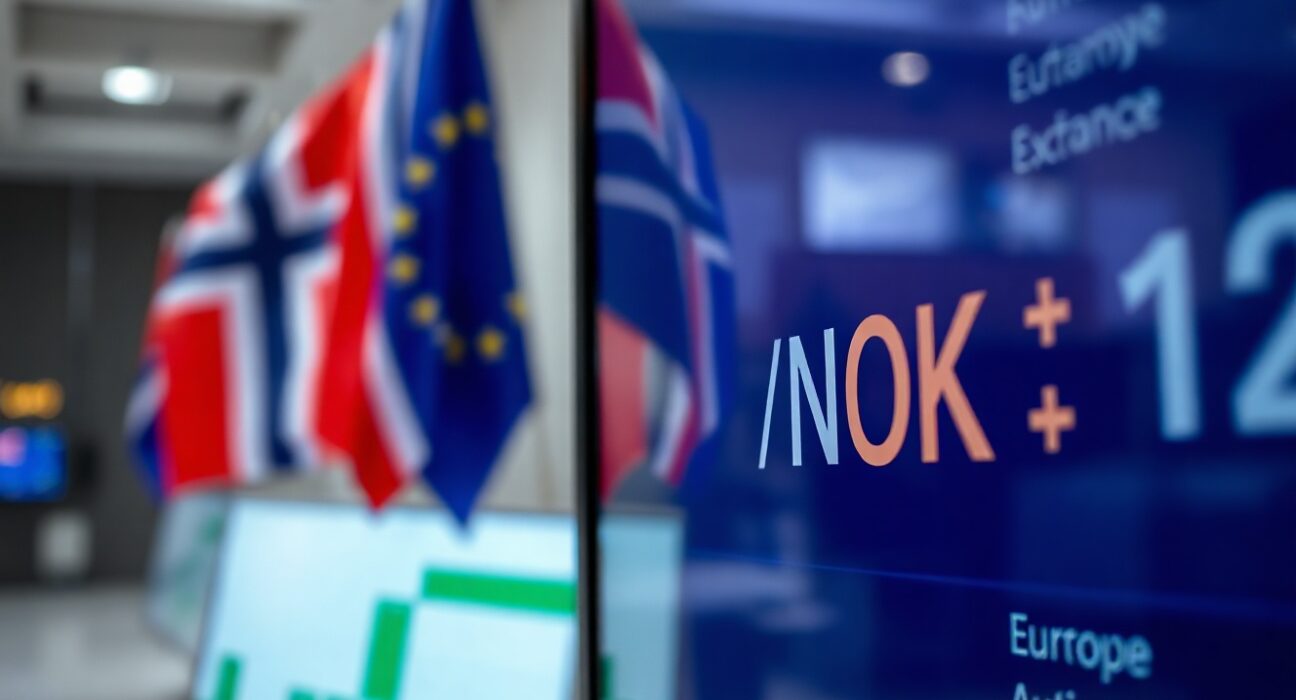 EUR/NOK exchange rate display on a trading floor with flags in background