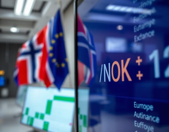 EUR/NOK exchange rate display on a trading floor with flags in background