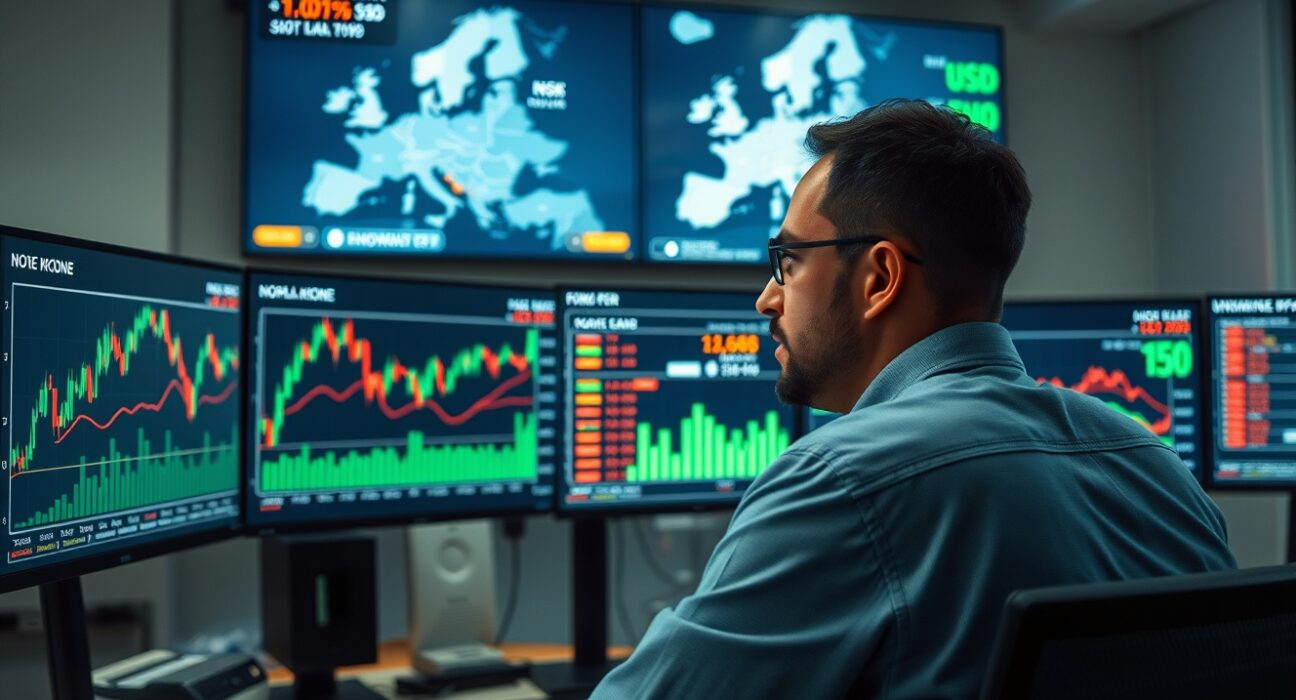 Financial analyst monitoring Norwegian Krone exchange rate charts and energy price data in a modern office