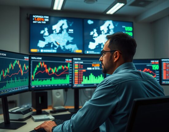 Financial analyst monitoring Norwegian Krone exchange rate charts and energy price data in a modern office