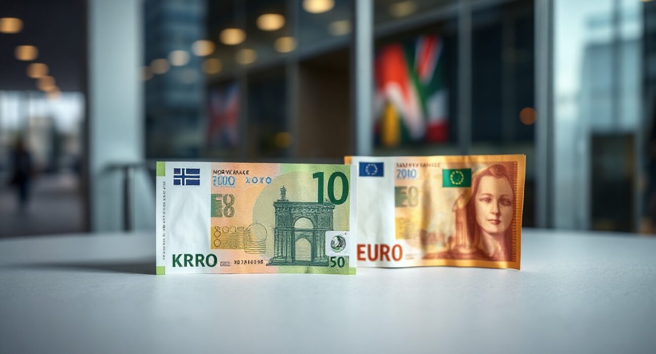 Norwegian Krone and Euro banknotes on a neutral surface with a blurred financial background