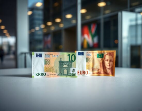 Norwegian Krone and Euro banknotes on a neutral surface with a blurred financial background