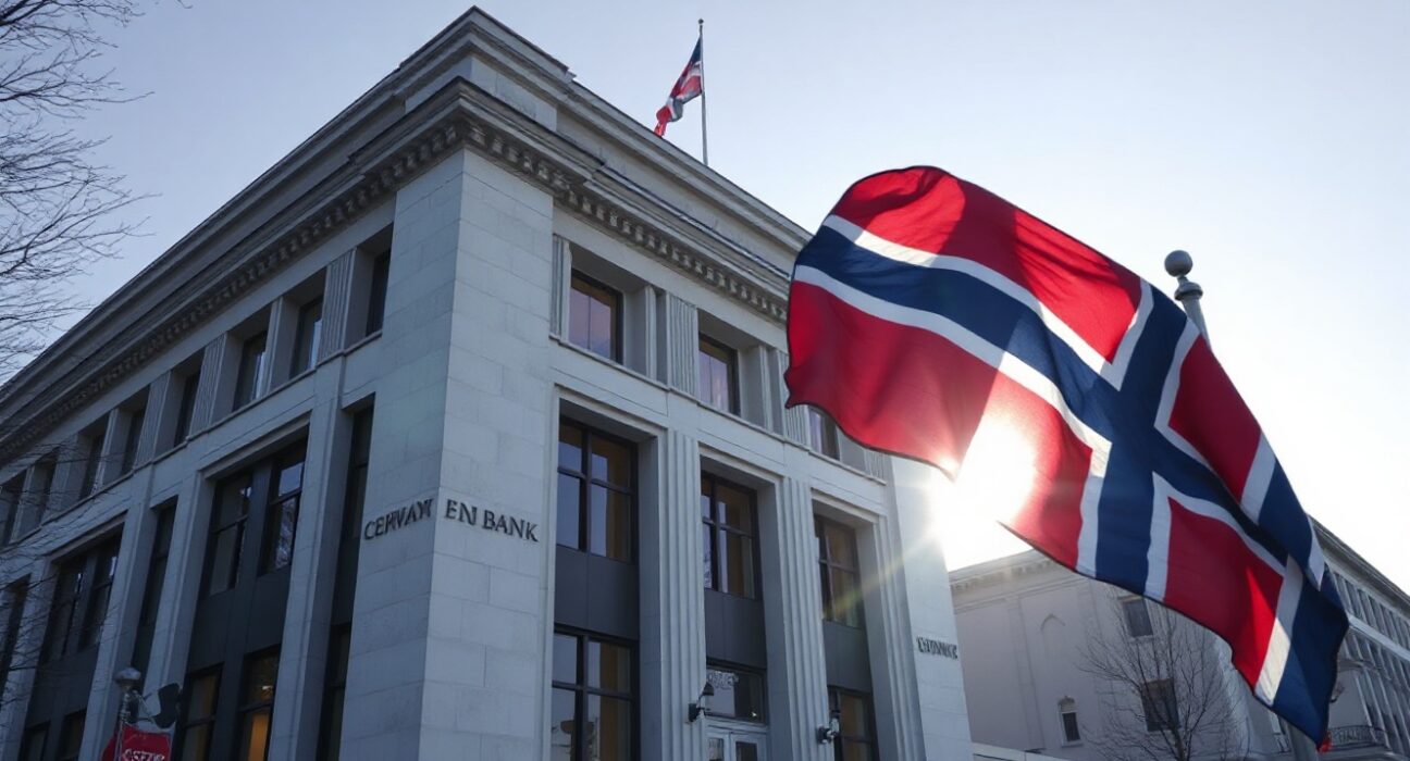 Norges Bank building in Oslo on a clear winter day, with Norwegian flag in foreground.