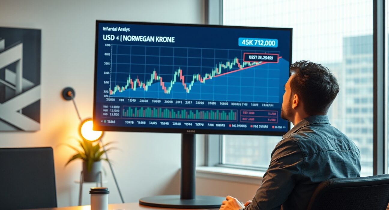 Financial analyst reviewing Norwegian Krone exchange rate chart with inflation data on screen