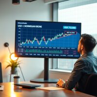 Financial analyst reviewing Norwegian Krone exchange rate chart with inflation data on screen