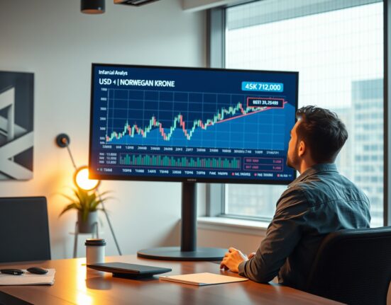 Financial analyst reviewing Norwegian Krone exchange rate chart with inflation data on screen
