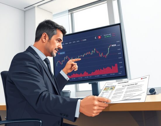 Financial analyst examining NOK exchange rate and oil price charts with Commerzbank research report