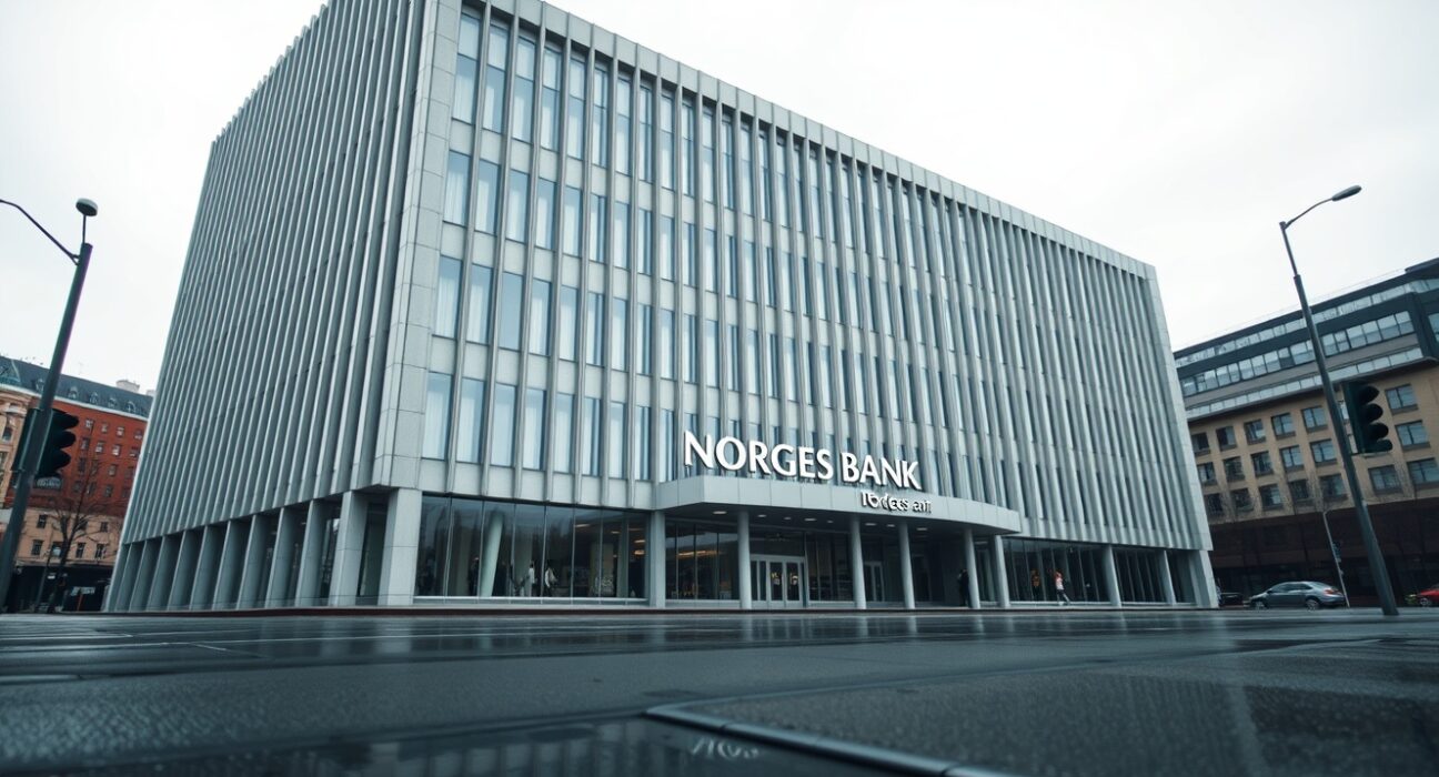 Norges Bank headquarters in Oslo, Norway, on a cloudy day