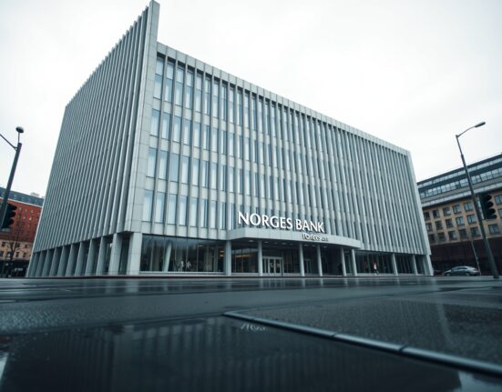 Norges Bank headquarters in Oslo, Norway, on a cloudy day