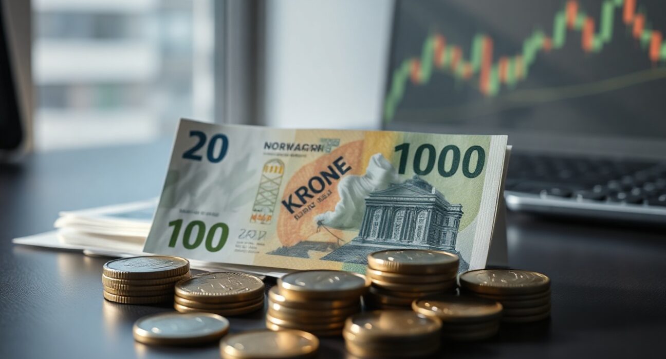 Norwegian Krone banknotes and coins on a desk with a blurred financial chart background