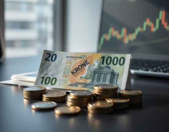 Norwegian Krone banknotes and coins on a desk with a blurred financial chart background