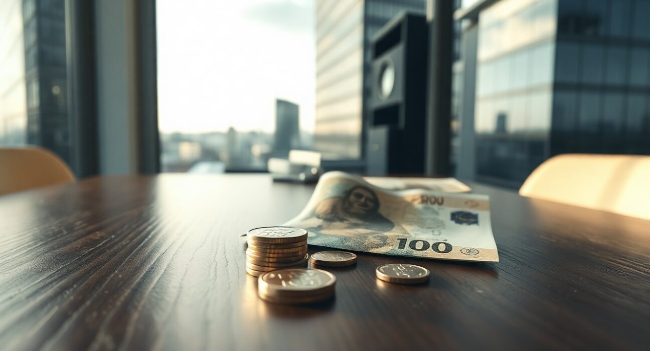 Norwegian Krone banknotes and coins on a desk with Oslo skyline in background