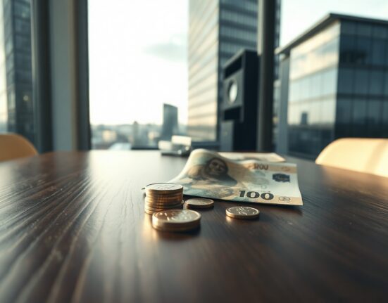 Norwegian Krone banknotes and coins on a desk with Oslo skyline in background