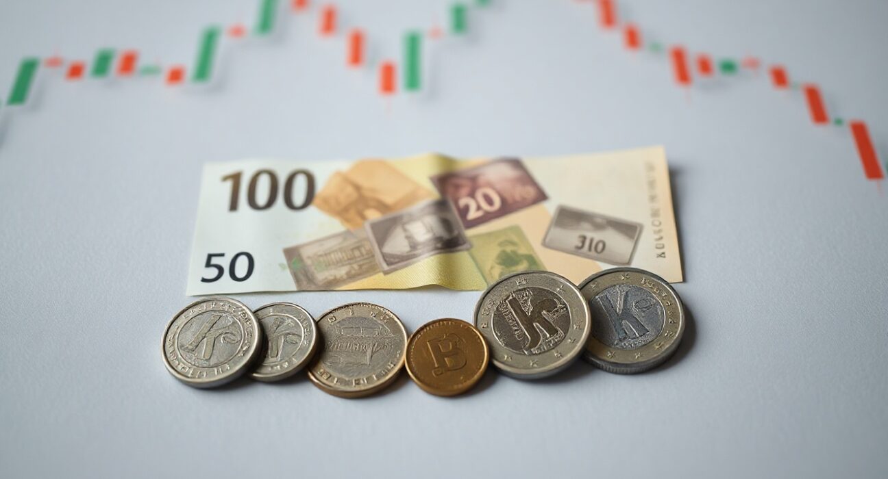 Norwegian Krone banknotes and coins on a neutral background, representing currency analysis.