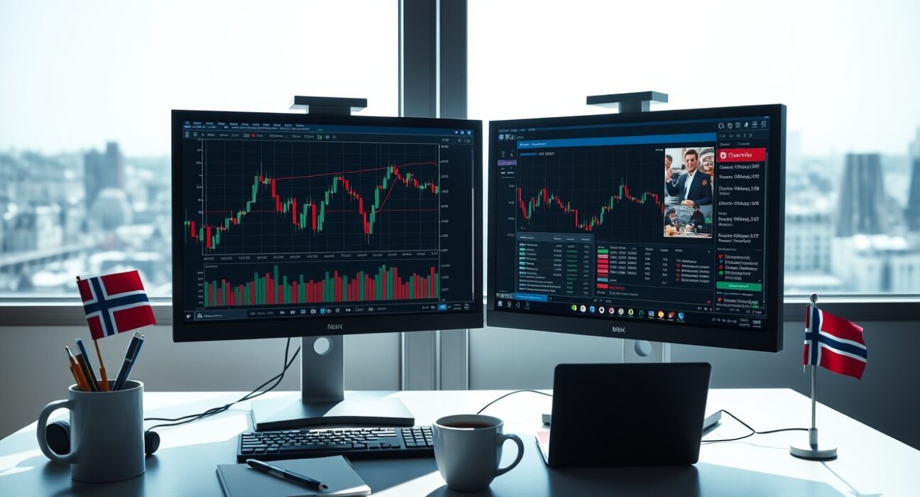 Financial analyst desk with EUR/NOK chart on monitors and Norwegian flag