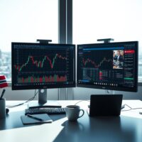 Financial analyst desk with EUR/NOK chart on monitors and Norwegian flag