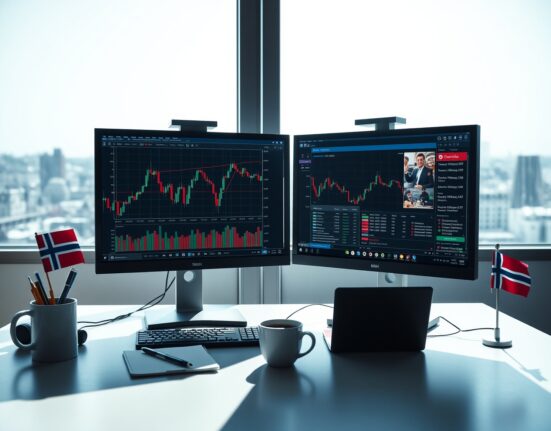 Financial analyst desk with EUR/NOK chart on monitors and Norwegian flag