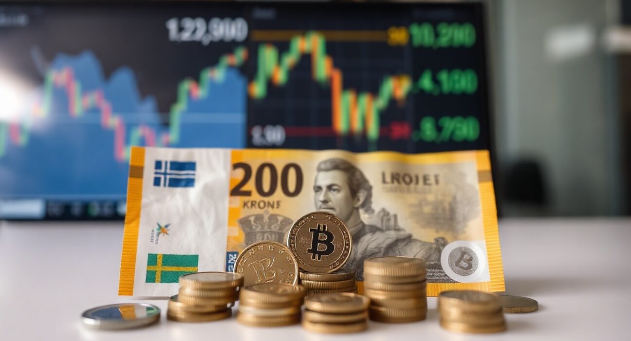 Norwegian Krone banknotes and coins with financial charts in background