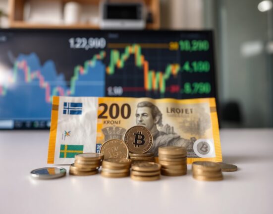 Norwegian Krone banknotes and coins with financial charts in background