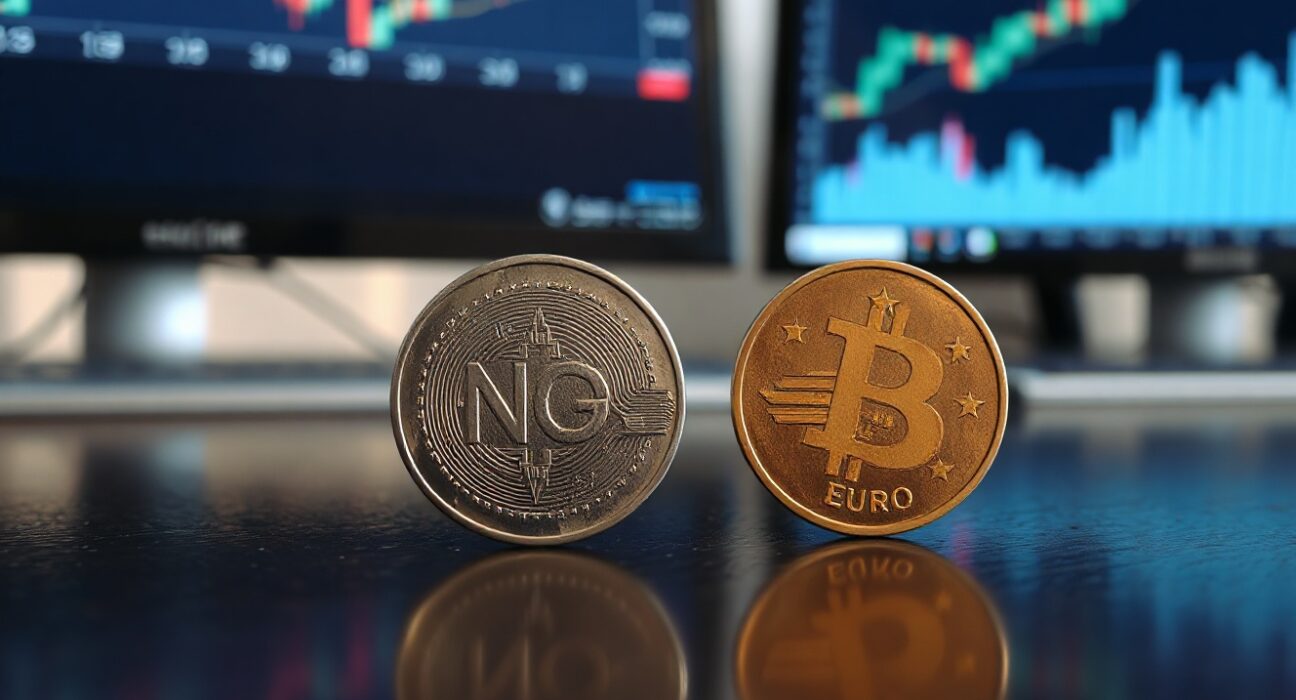 Norwegian Krone and Euro coins on a trading desk, representing currency market analysis.
