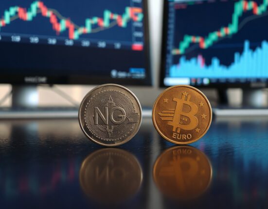 Norwegian Krone and Euro coins on a trading desk, representing currency market analysis.