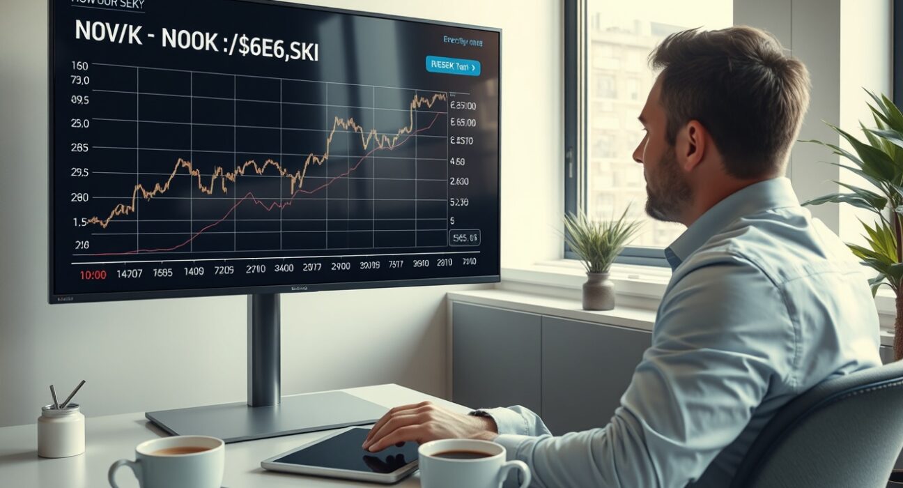 Financial analyst reviewing currency charts showing NOK/SEK exchange rate trends in a modern office