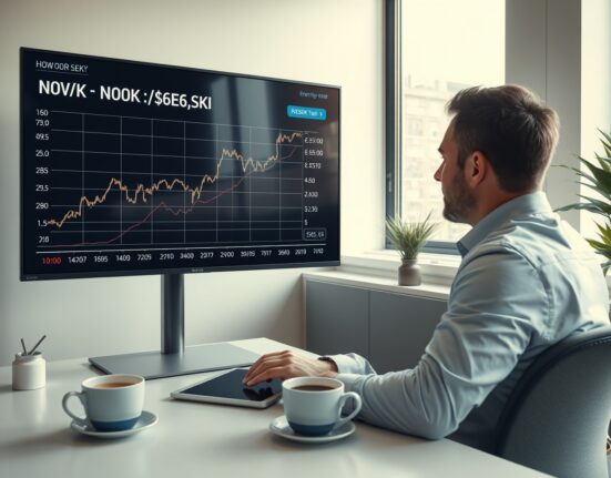 Financial analyst reviewing currency charts showing NOK/SEK exchange rate trends in a modern office