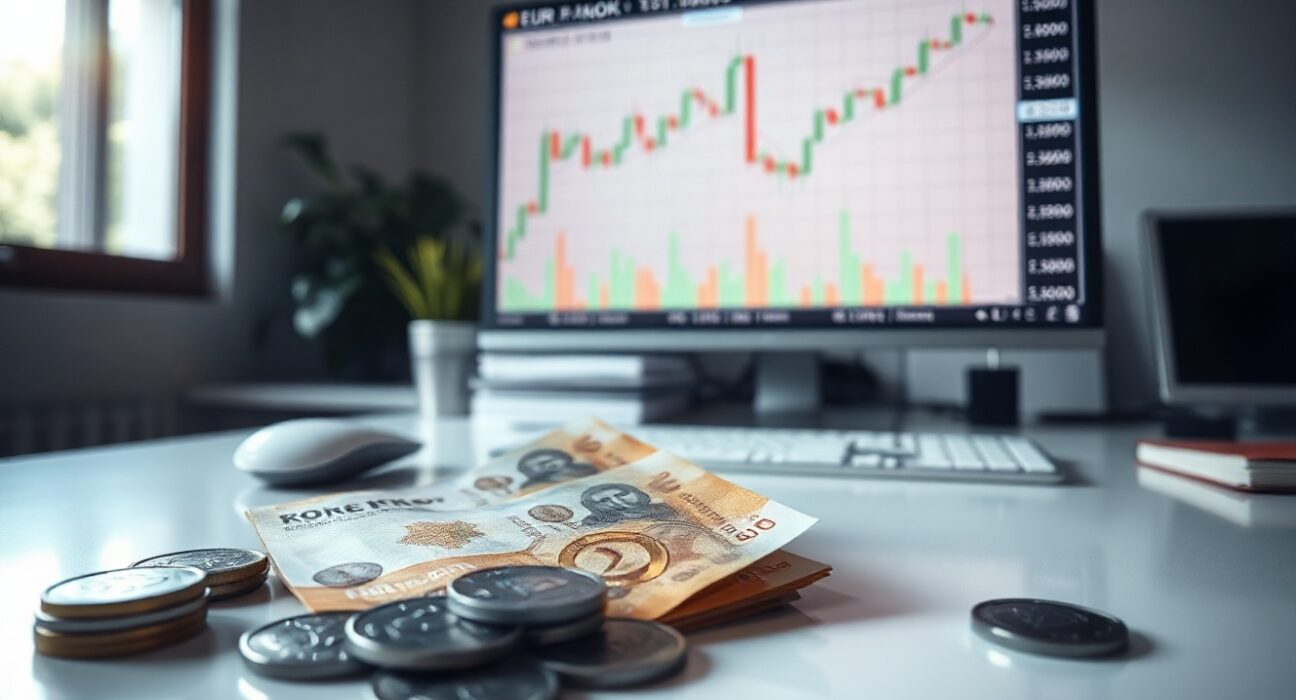 Norwegian krone banknotes and coins with a EUR/NOK chart on a monitor in the background