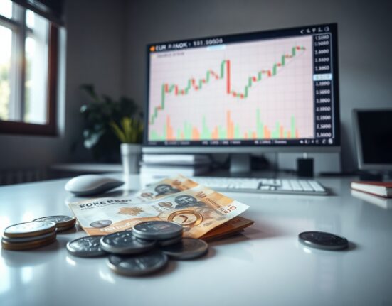 Norwegian krone banknotes and coins with a EUR/NOK chart on a monitor in the background