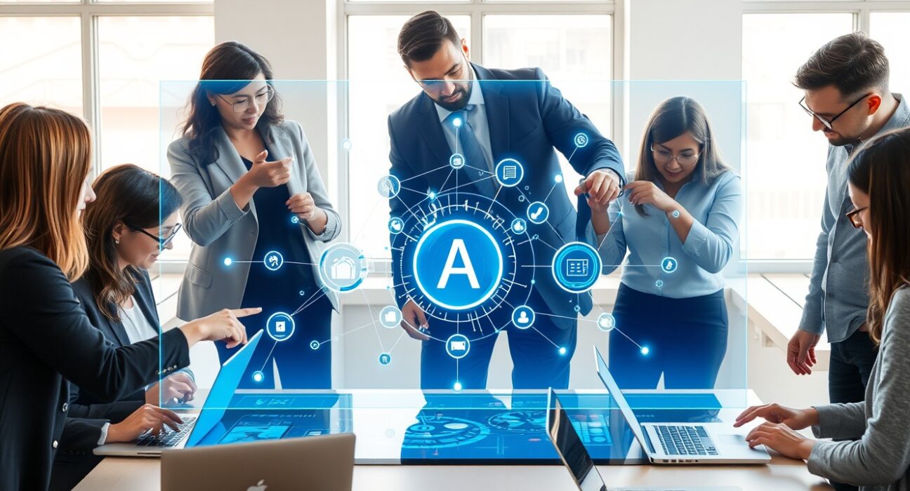Team collaborating around a digital interface showing AI agents and data connections in a modern office.