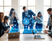 Team collaborating around a digital interface showing AI agents and data connections in a modern office.
