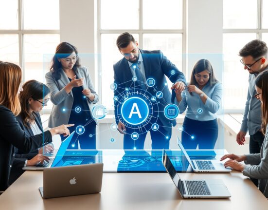 Team collaborating around a digital interface showing AI agents and data connections in a modern office.