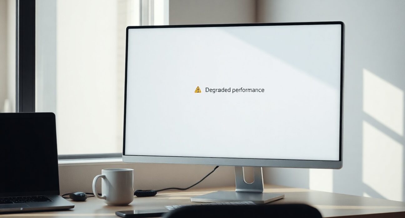 Notion AI interface on a monitor in a modern office, showing a service disruption notice.
