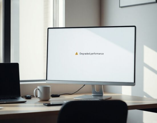 Notion AI interface on a monitor in a modern office, showing a service disruption notice.