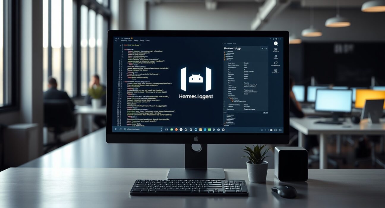 Computer monitor displaying Hermes AI agent interface in a modern startup office setting